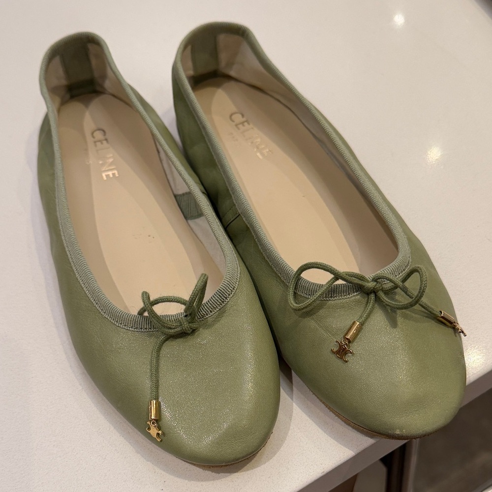 Celine Olive Green Loafers with Gold Accents